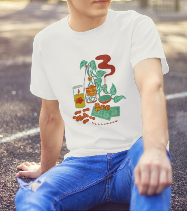 Quarenscene Natural Topo Chico Bottle With Dice, Peanuts, Dollar Bills, Glass, And Smoking Pipe Scene T-Shirt