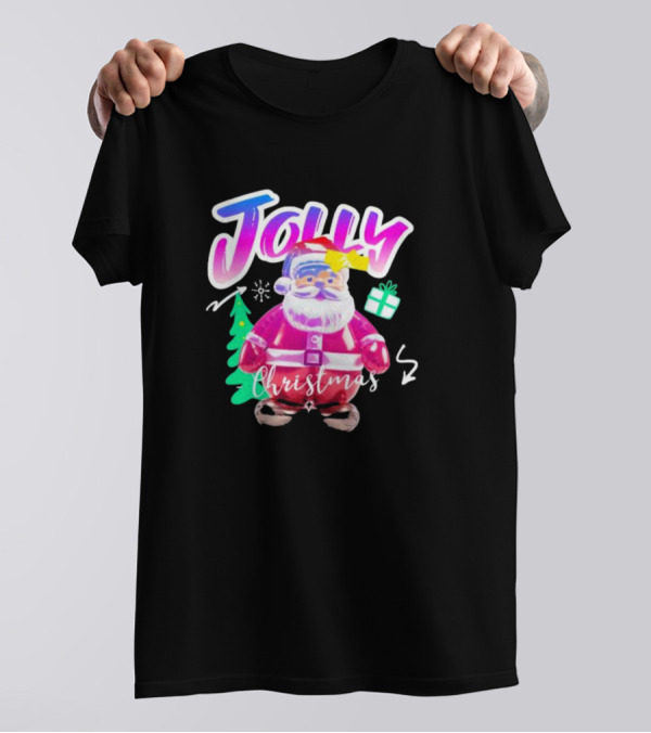 Jolly Merry Christmas Santa Balloon With Gift And Christmas Tree T-Shirt