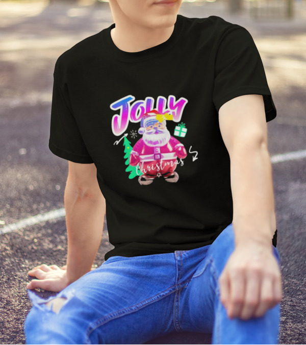 Jolly Merry Christmas Santa Balloon With Gift And Christmas Tree T-Shirt