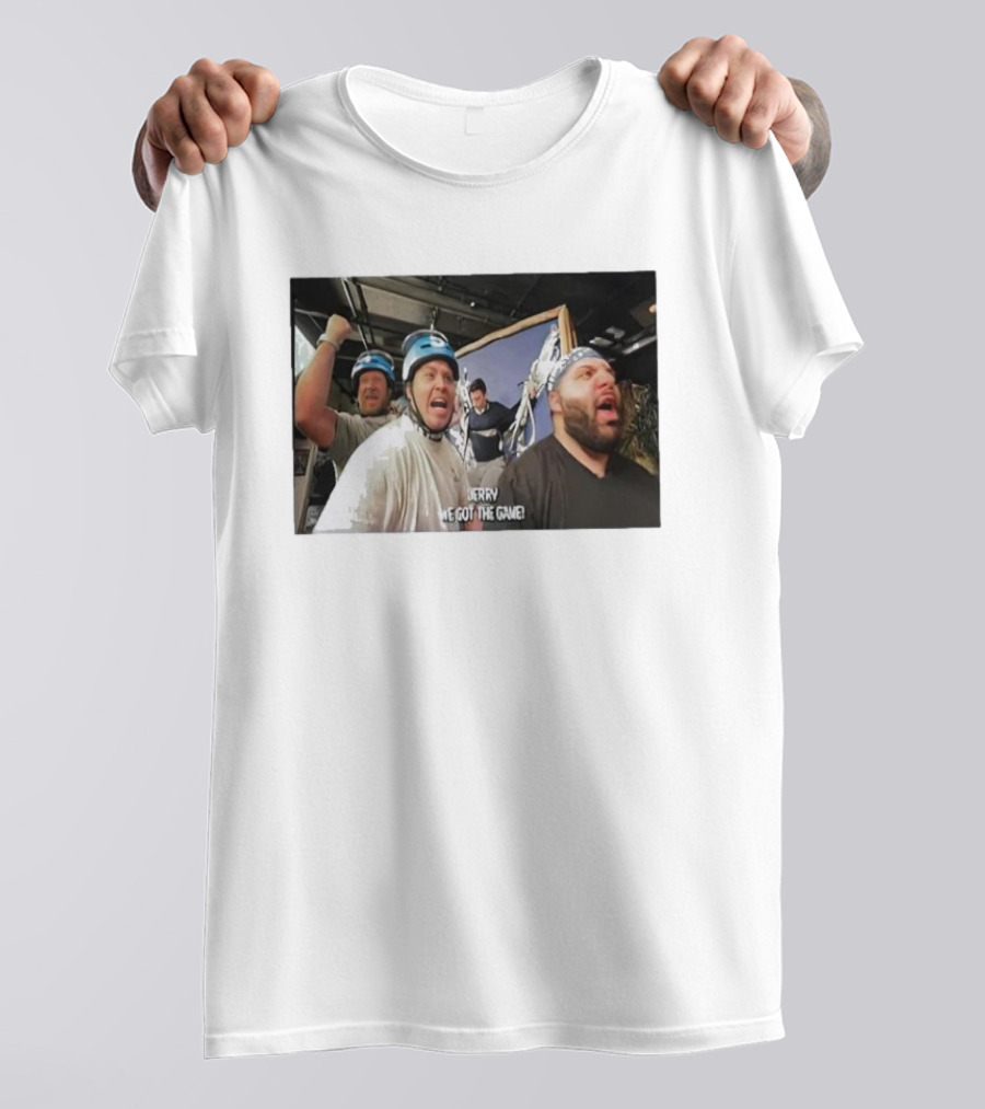 Jerry We Got The Game Helmet Enthusiasts Excitedly Celebrating With Arms Raised T-Shirt