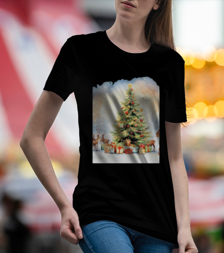 Watercolor Christmas Tree With Reindeer And Presents Scene T-Shirt
