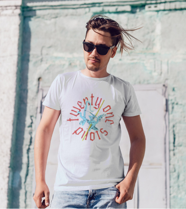 Twenty One Pilots Stylized Angled Text With Dagger And Griffon-Like Creature T-Shirt