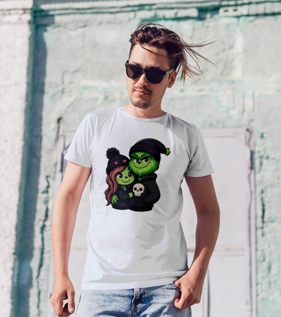 Cute Grinch And Girlfriend In Black Beanies With Skull Hoodie And Heart Details T-Shirt