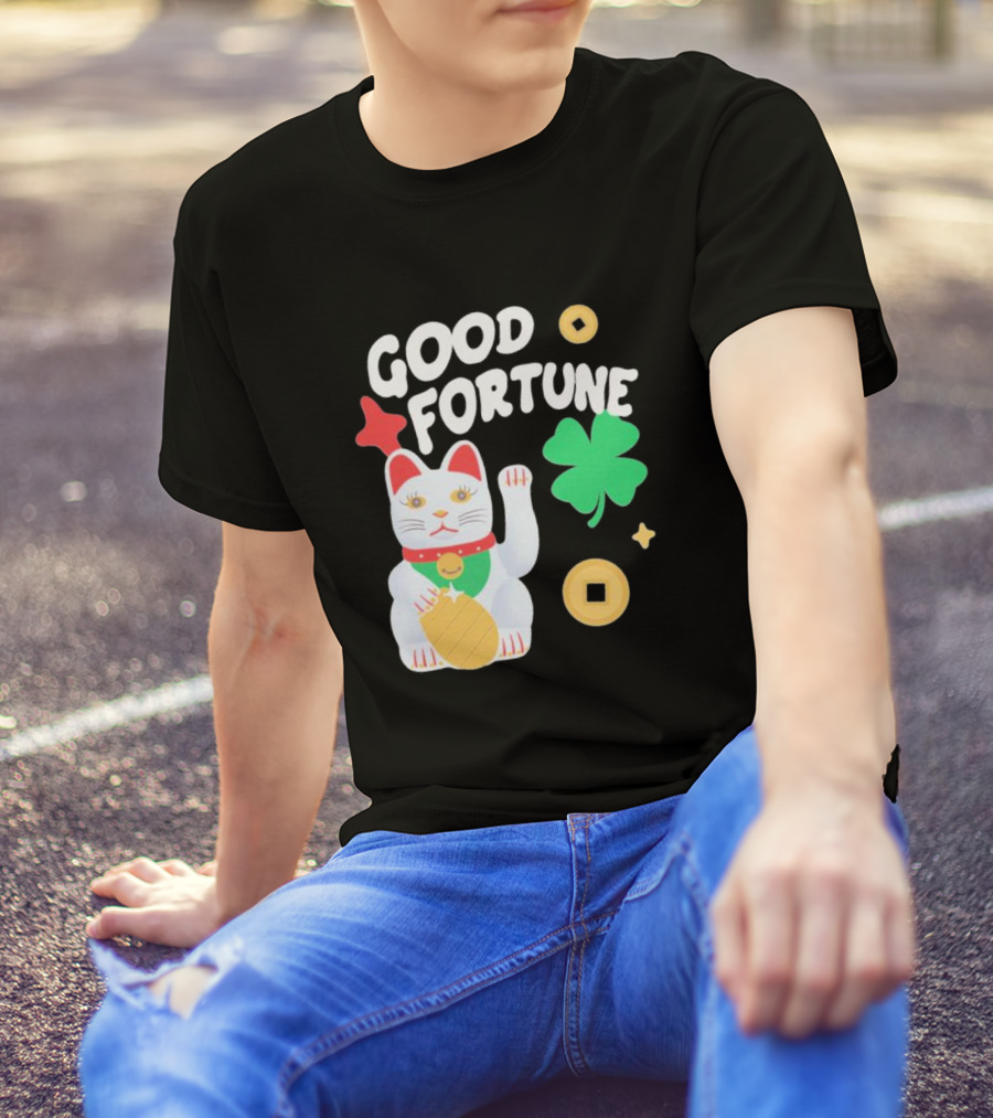 Good Fortune Cat With Clover And Coins T-Shirt