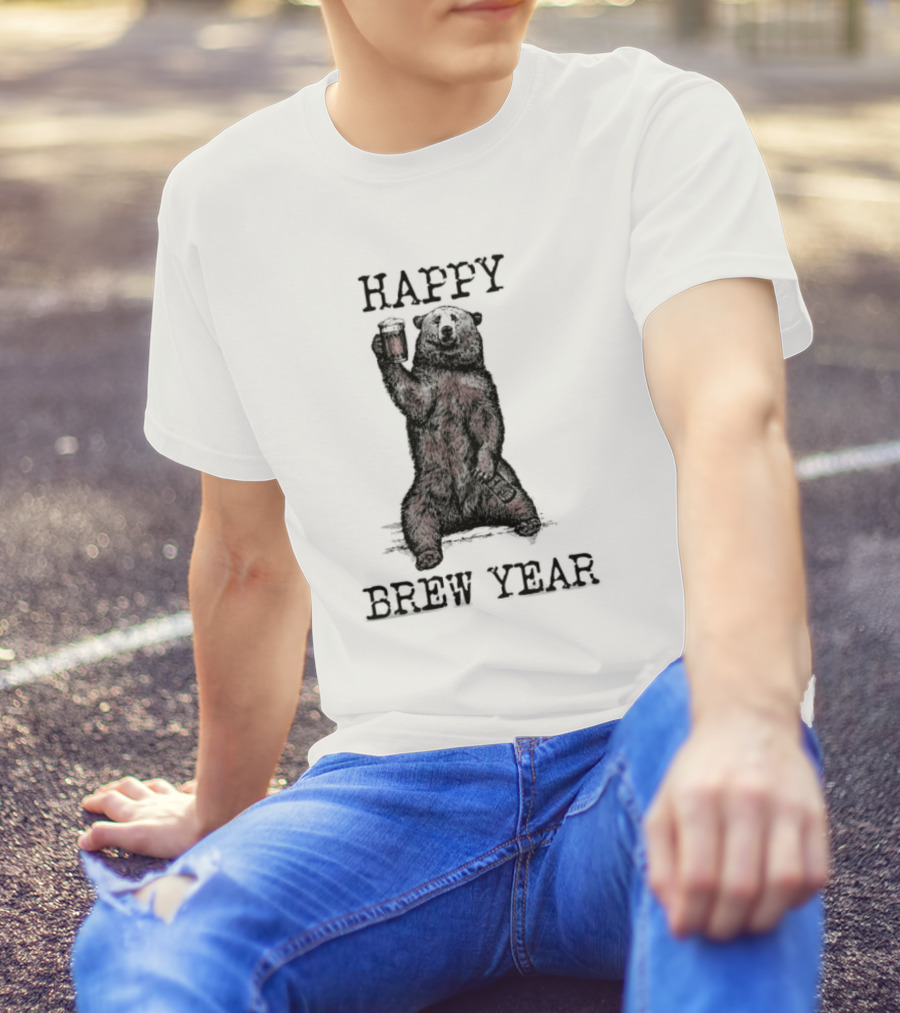Happy Brew Year Festive Bear Toasting With Beer T-Shirt