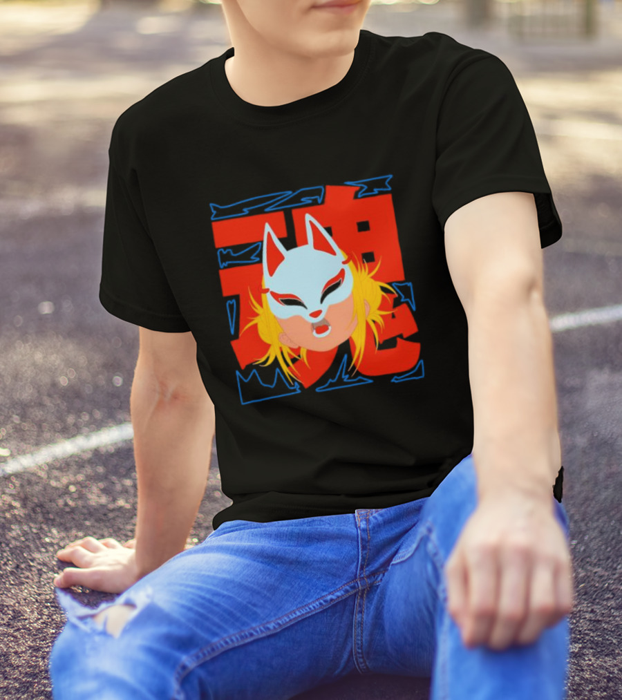 Kitsune Catori Mask With Red Kanji And Blond Hair T-Shirt