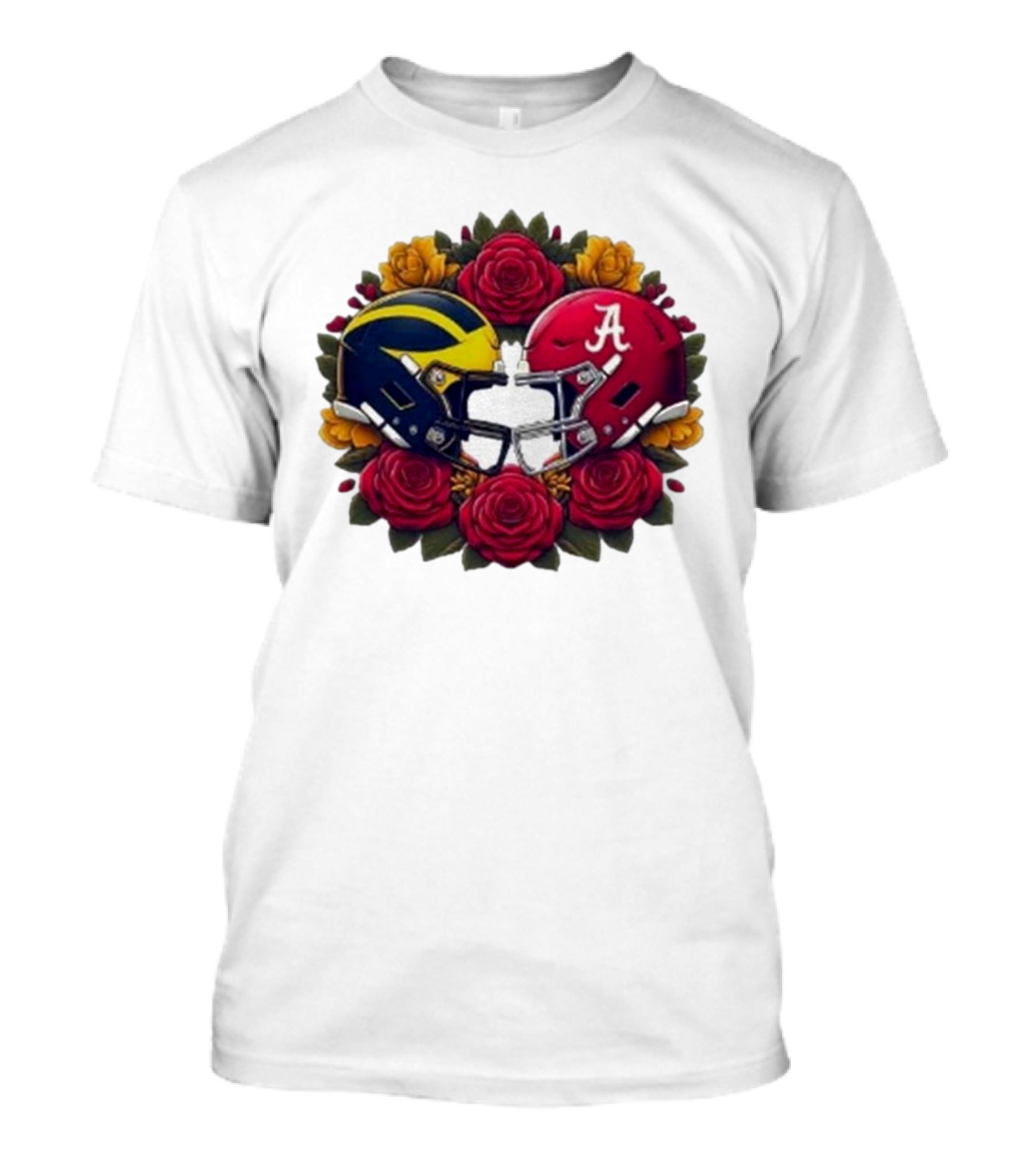 Rose Bowl Game Michigan Wolverines Versus Alabama Crimson Tide Football Helmets With Roses T-Shirt