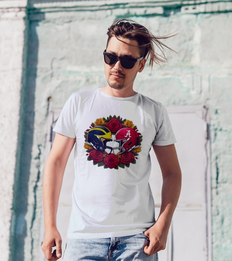 Rose Bowl Game Michigan Wolverines Versus Alabama Crimson Tide Football Helmets With Roses T-Shirt