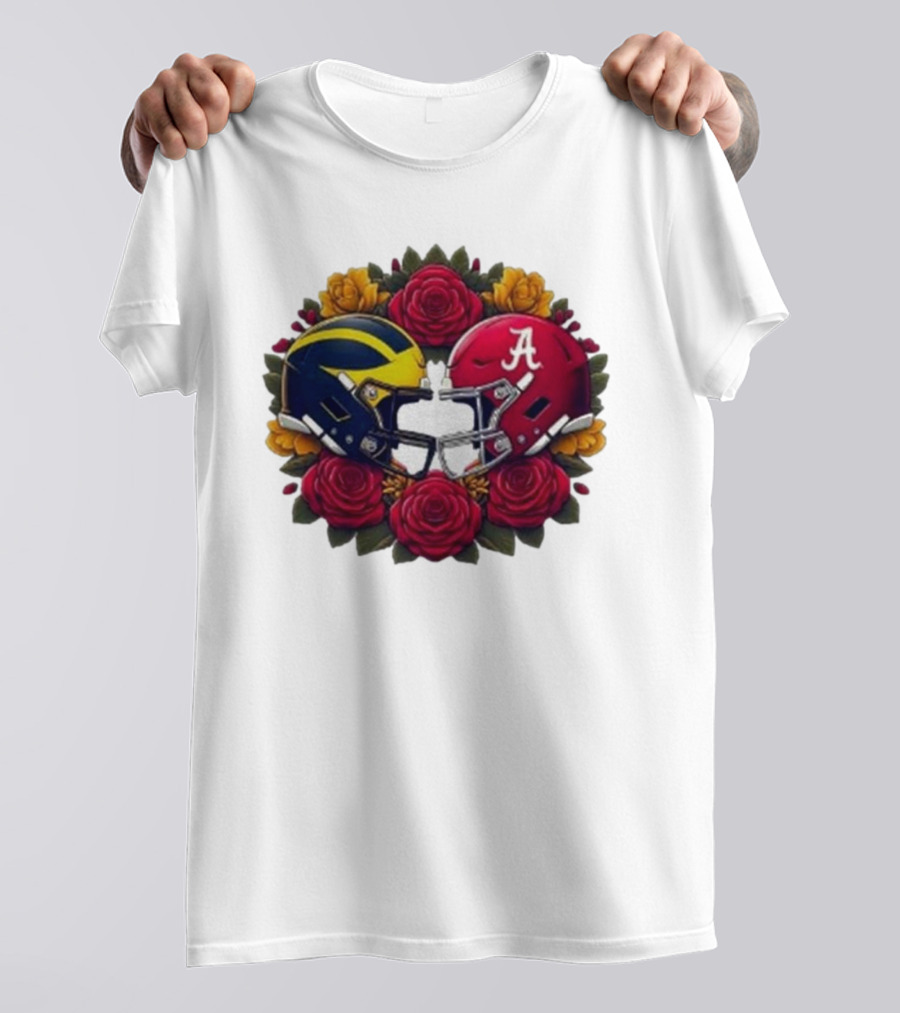 Rose Bowl Game Michigan Wolverines Versus Alabama Crimson Tide Football Helmets With Roses T-Shirt