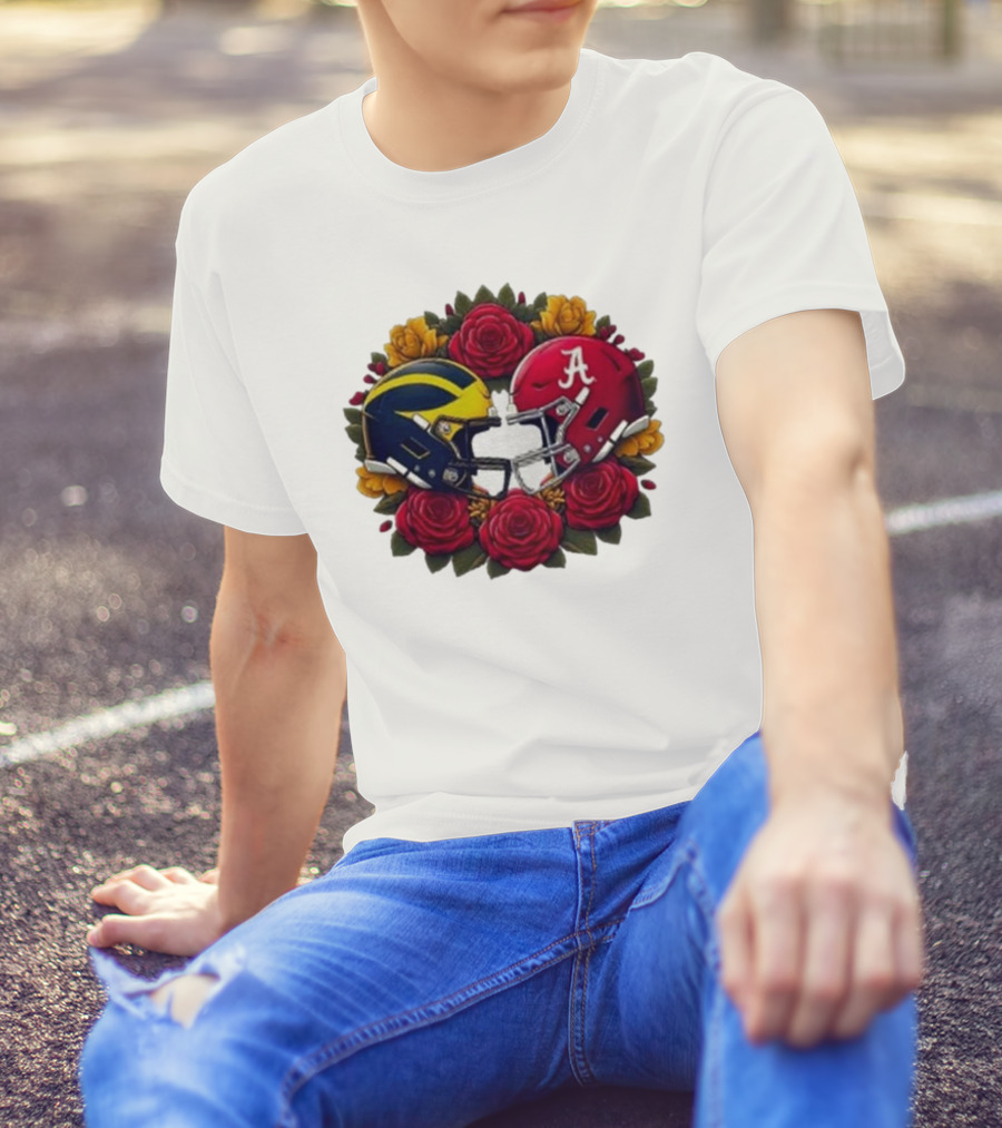 Rose Bowl Game Michigan Wolverines Versus Alabama Crimson Tide Football Helmets With Roses T-Shirt