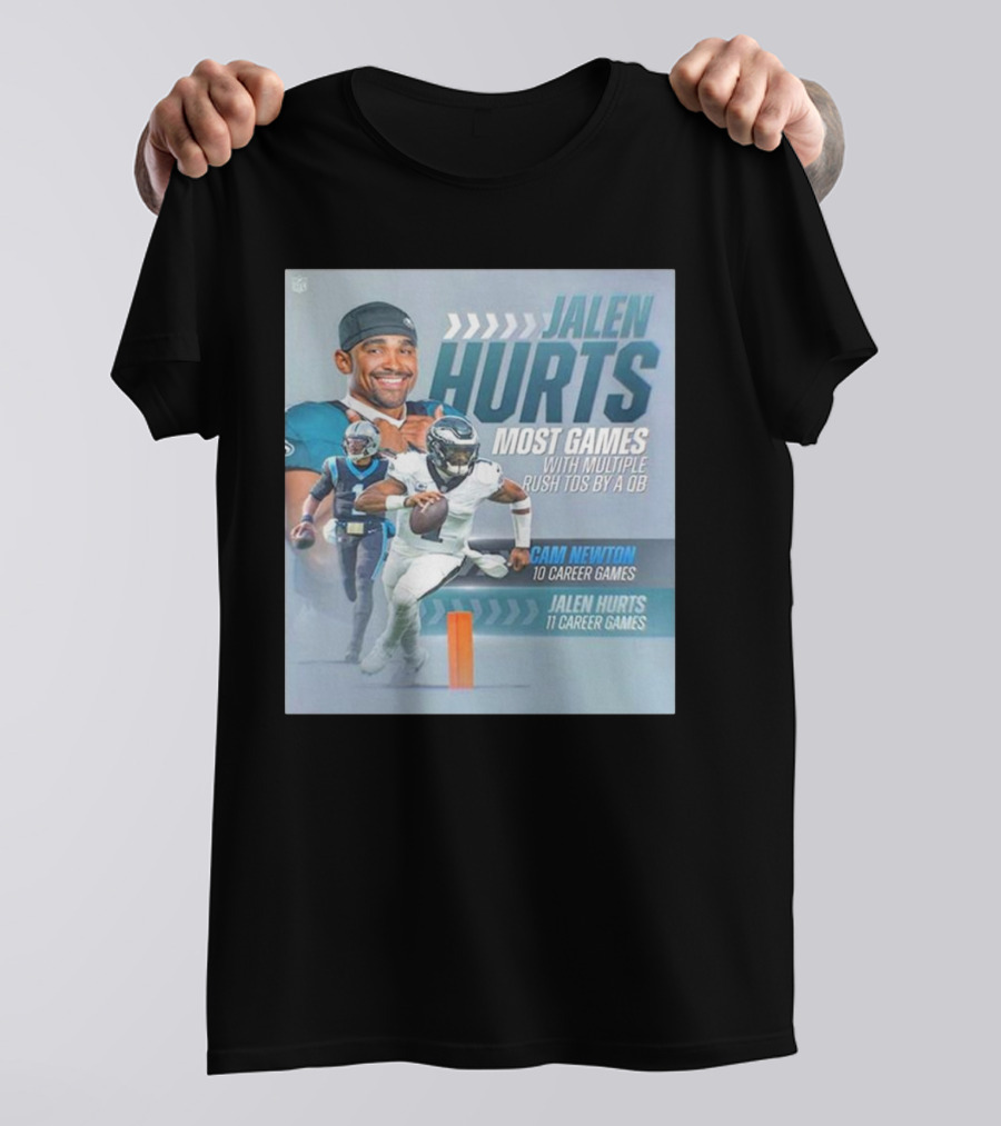 Jalen Hurts Most Games With Multiple Rush TDs By A QB Philadelphia Eagles Cam Newton 10 Career Games Jalen Hurts 11 Career Games T-Shirt
