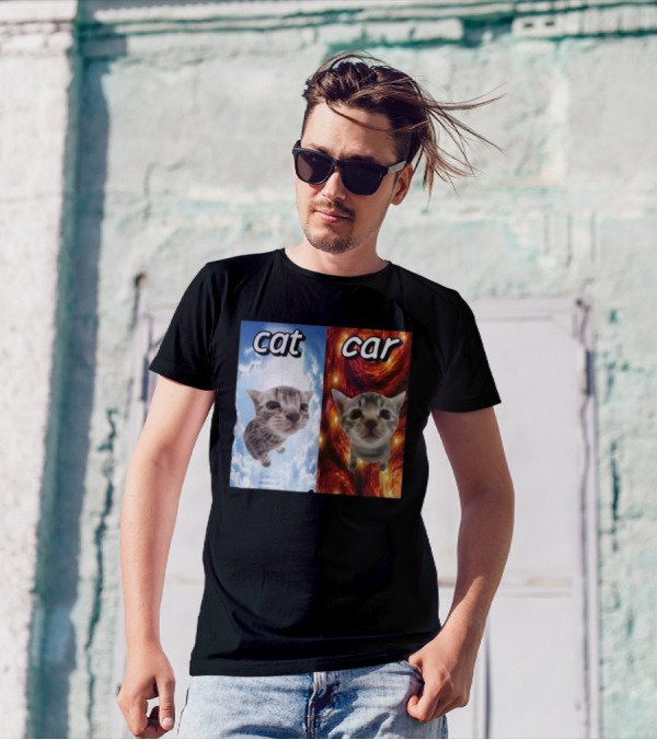 Cat Car Cringey Showdown In Cosmic Clouds And Fiery Vortex T-Shirt