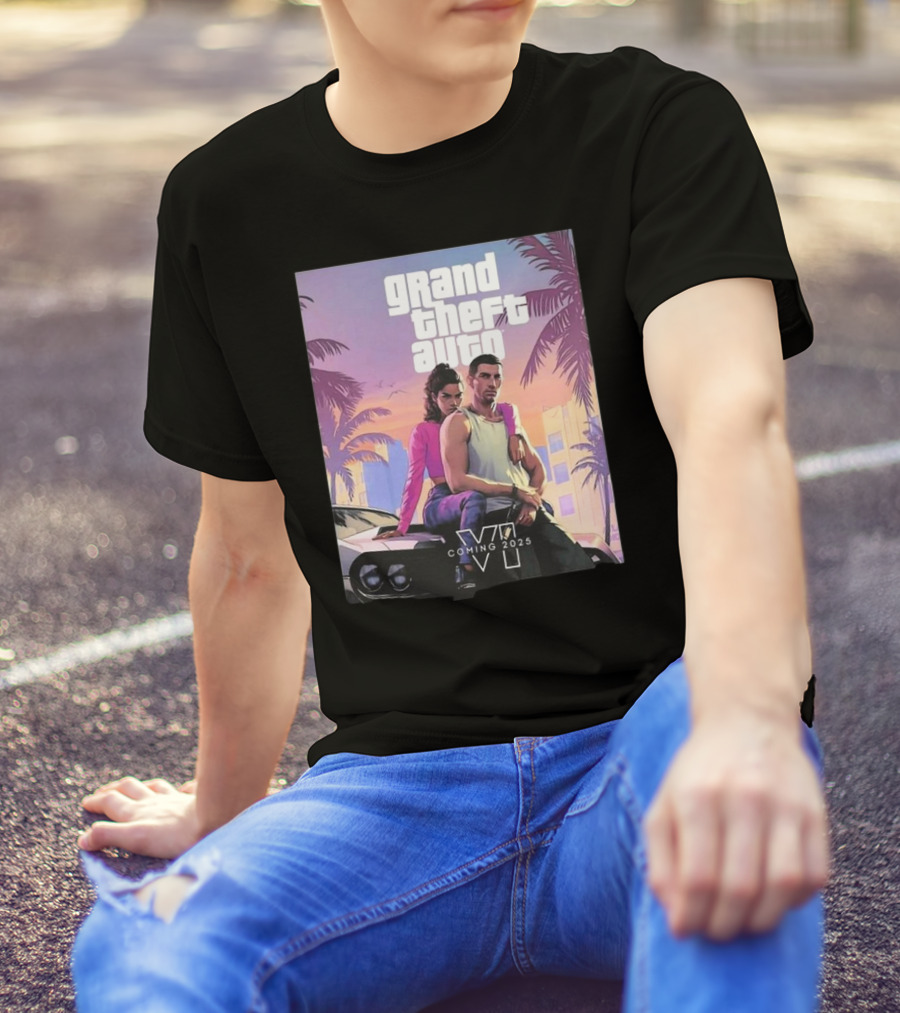 Grand Theft Auto VI Coming 2025 Retro Vice City Vibes Palm Trees Car T-Shirt