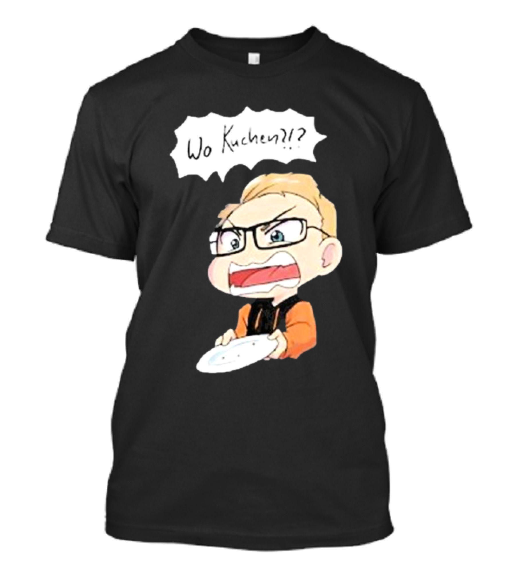 Wo Kuchen?? Cartoon Character With Glasses And Empty Plate T-Shirt