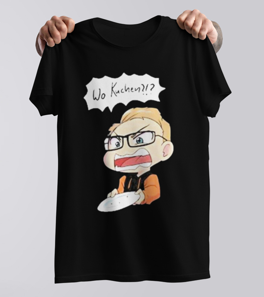 Wo Kuchen?? Cartoon Character With Glasses And Empty Plate T-Shirt
