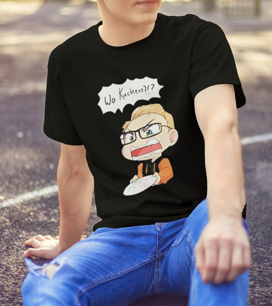 Wo Kuchen?? Cartoon Character With Glasses And Empty Plate T-Shirt