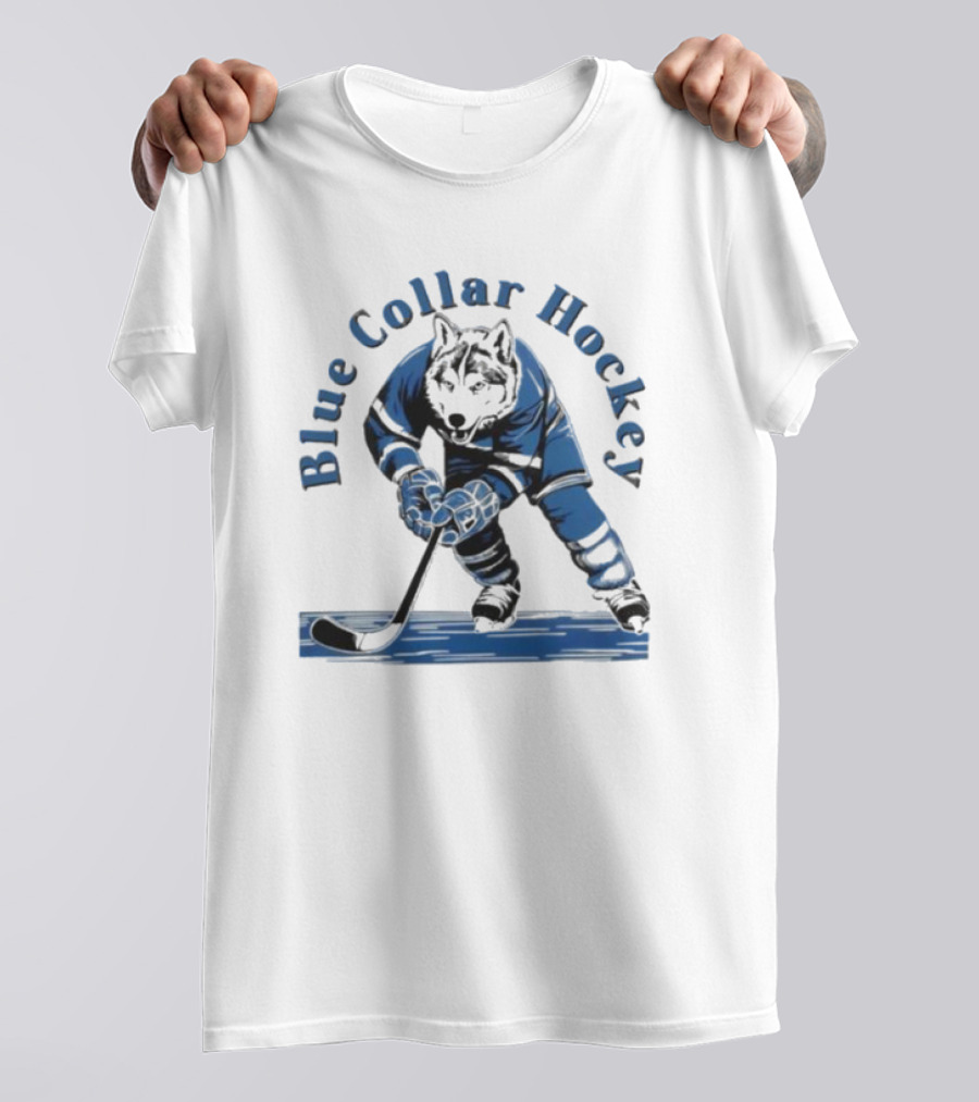 Wolf In Blue Hockey Gear Playing Blue Collar Hockey T-Shirt