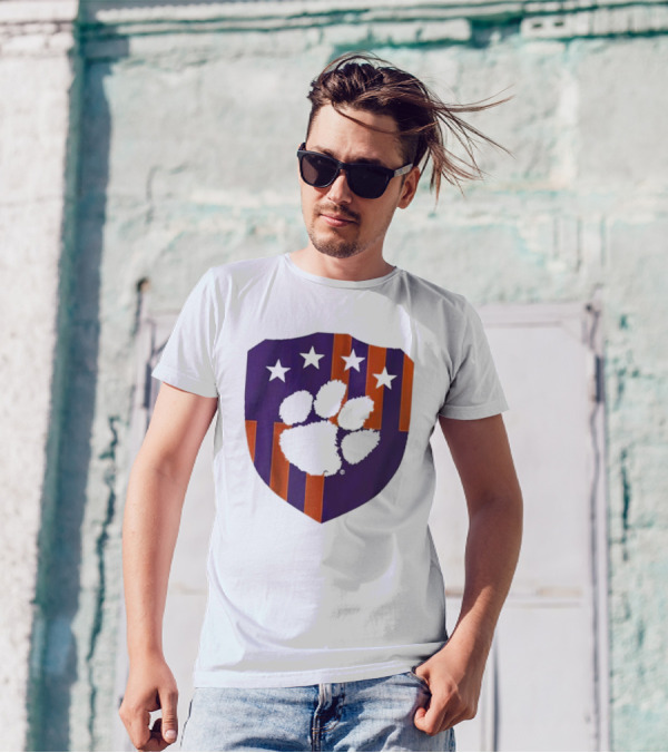 Clemson United Paw Print Shield With Four Stars Orange And Purple T-Shirt