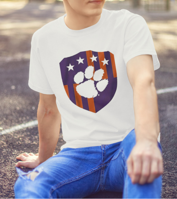 Clemson United Paw Print Shield With Four Stars Orange And Purple T-Shirt