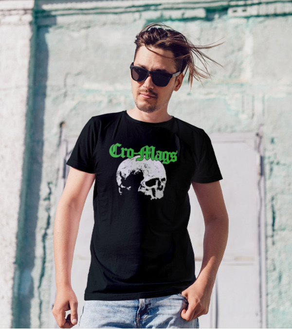 Cro Mags Green Text White Skull T-Shirt