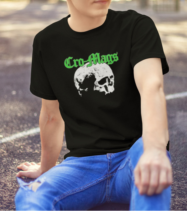 Cro Mags Green Text White Skull T-Shirt
