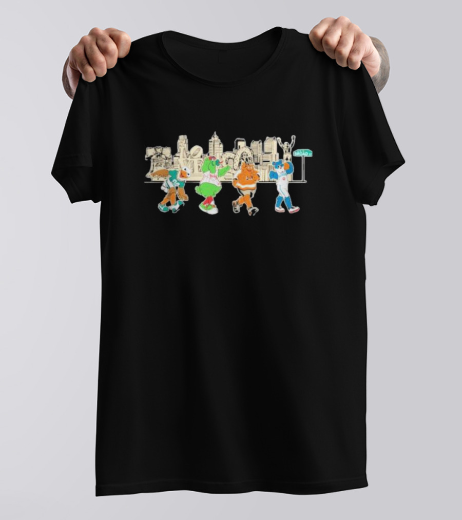 Philly Sports Team Mascot Parade Against City Skyline T-Shirt