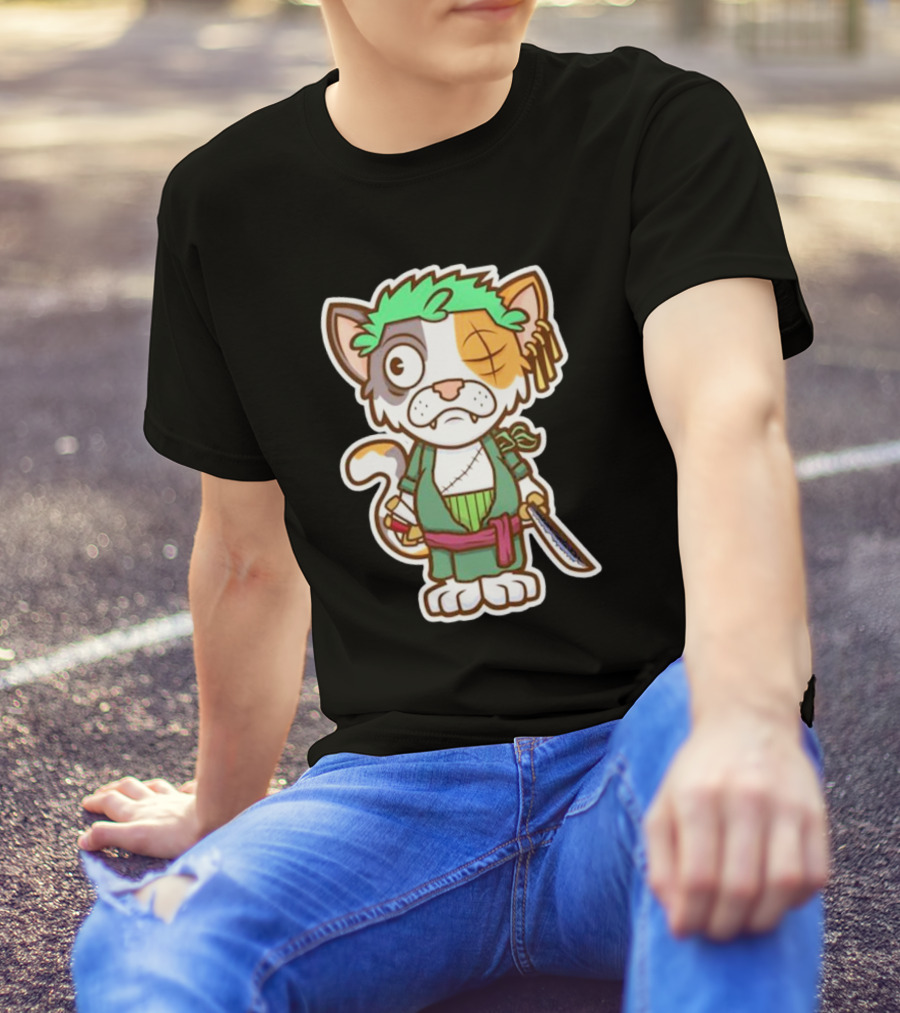 Roronoa Lingling Cat Pirate Anime Character Sword Green Hair Eye Patch T-Shirt