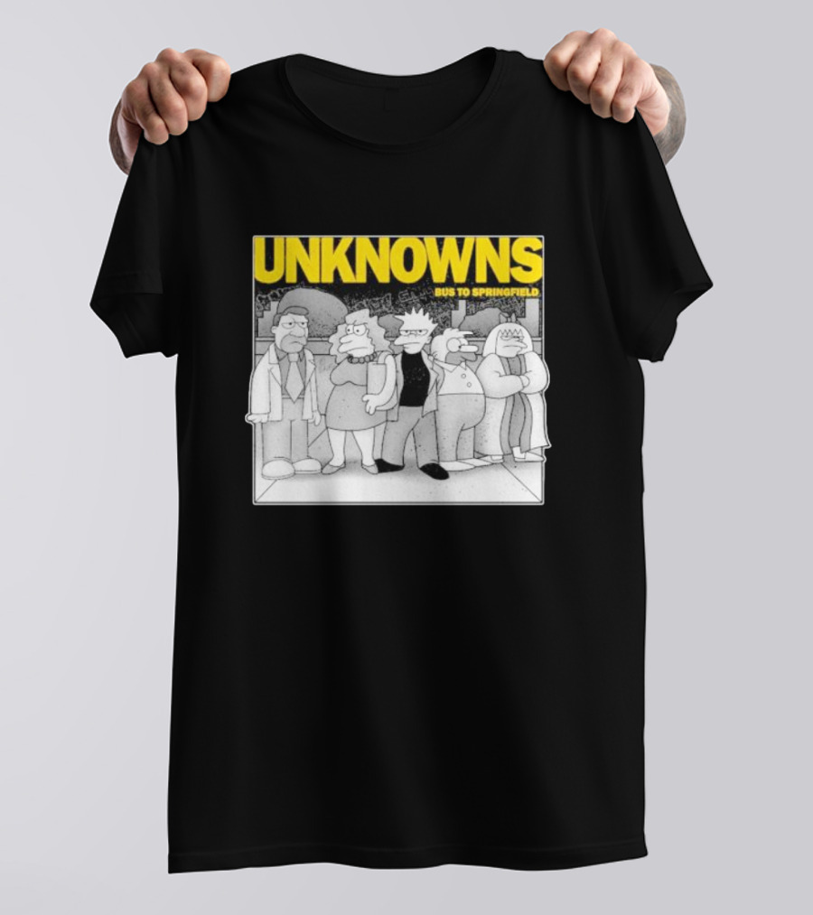 Unknowns Bus To Springfield Cartoon Characters In Black And White Scene T-Shirt