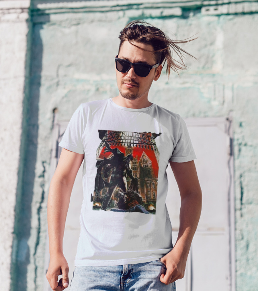 Batman Arkham Asylum Gothic Gate Dynamic Red Background Scene T-Shirt