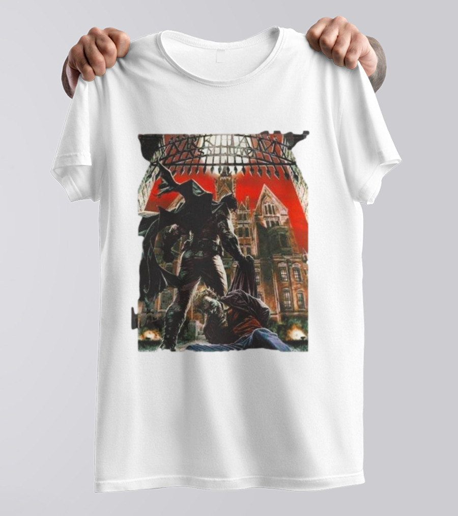 Batman Arkham Asylum Gothic Gate Dynamic Red Background Scene T-Shirt