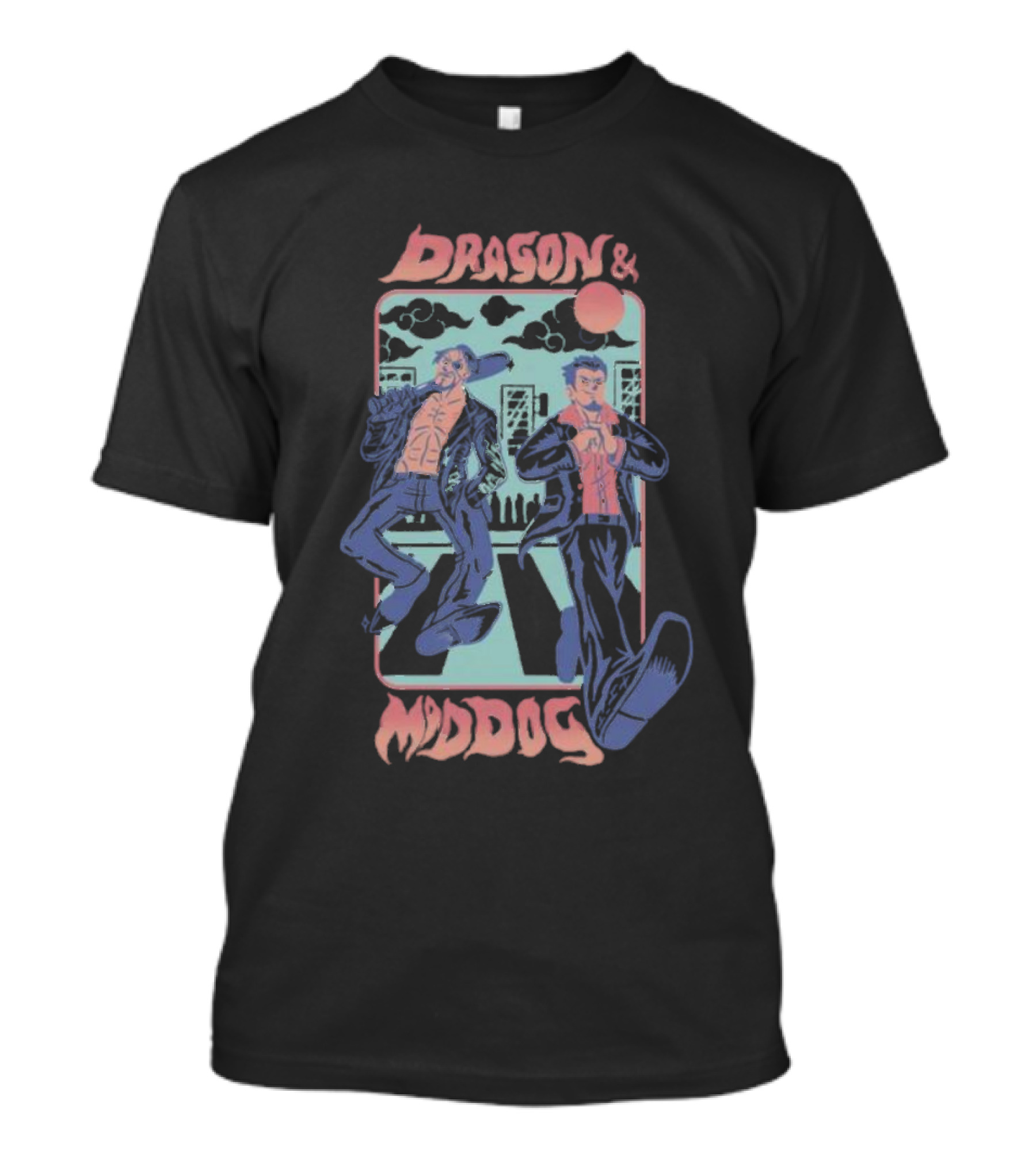 Dragon And Mad Dog Retro Cartoon Nighttime Adventure T-Shirt