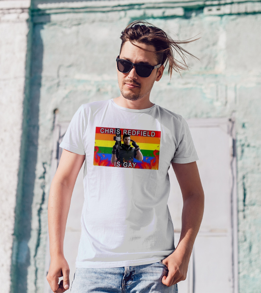 Chris Redfield Is Gay Rainbow Background Flames T-Shirt