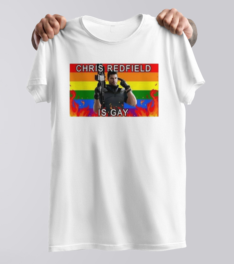 Chris Redfield Is Gay Rainbow Background Flames T-Shirt