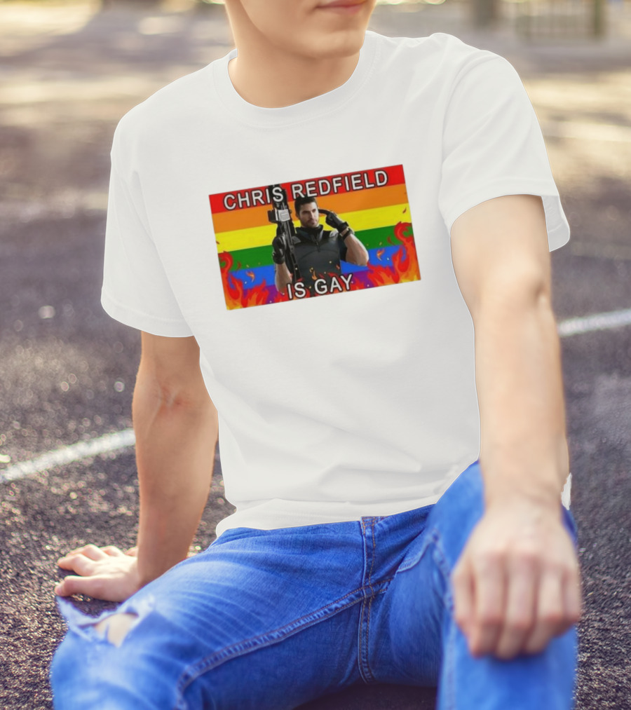 Chris Redfield Is Gay Rainbow Background Flames T-Shirt
