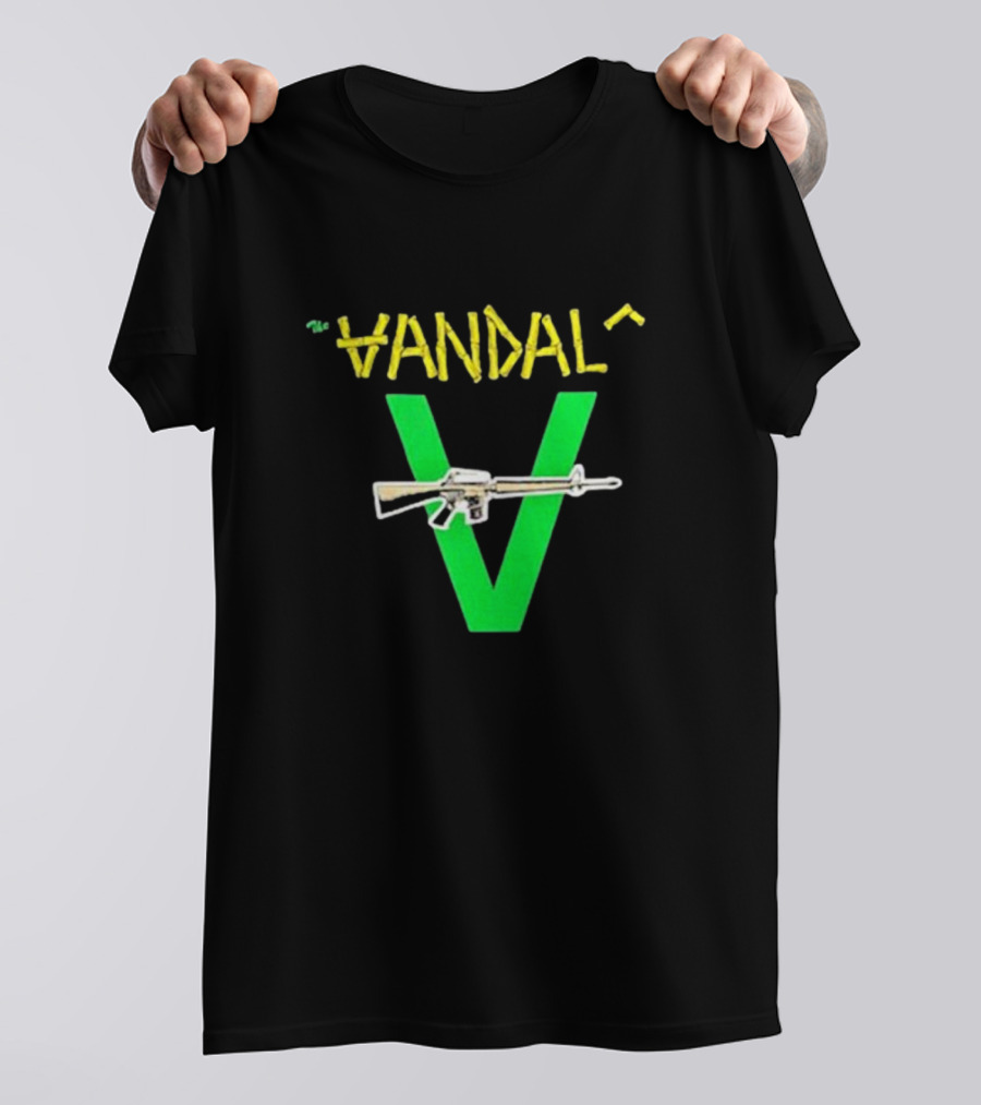 The Vandals Yellow Text Green V Rifle Image T-Shirt
