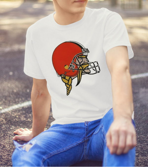 Quality Jay Cuda Browns Vikings Dual Logo Helmet T-Shirt