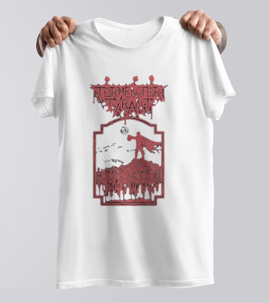 Tormentor Tyrant Red Figure Standing Amidst Crowd Under Moon T-Shirt