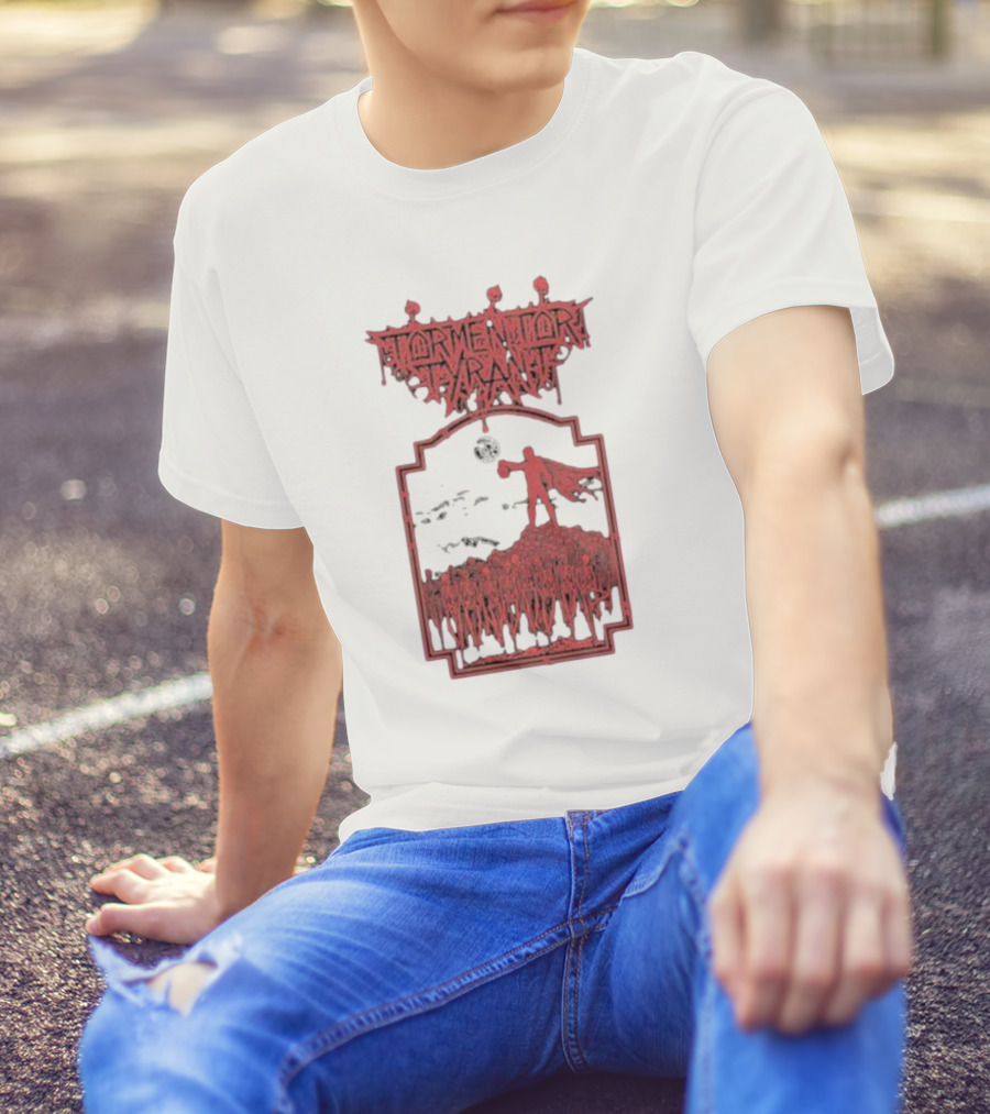 Tormentor Tyrant Red Figure Standing Amidst Crowd Under Moon T-Shirt