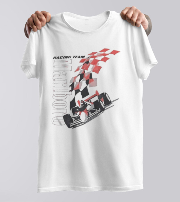 Vintage 90s Marlboro Racing Team Red Checkered Flag T-Shirt