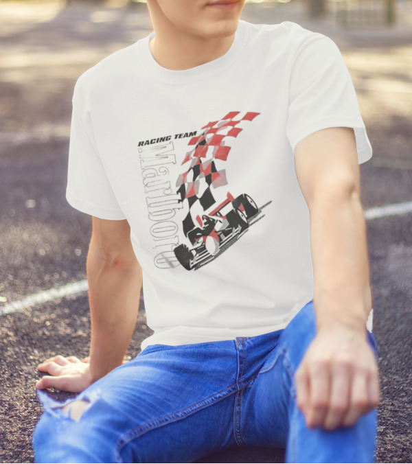 Vintage 90s Marlboro Racing Team Red Checkered Flag T-Shirt