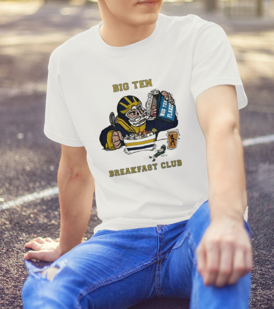 Big Ten Breakfast Club Michigan Wolverines Player Eating Cereal With Blue Box And Orange Cup T-Shirt
