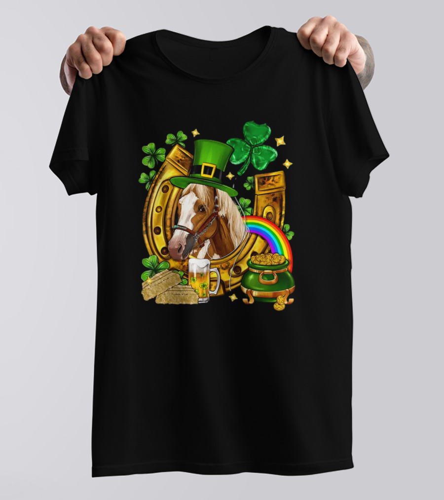 Horse Luck Gold Leprechaun Hat Shamrock Horseshoe Pot Of Gold Rainbow T-Shirt