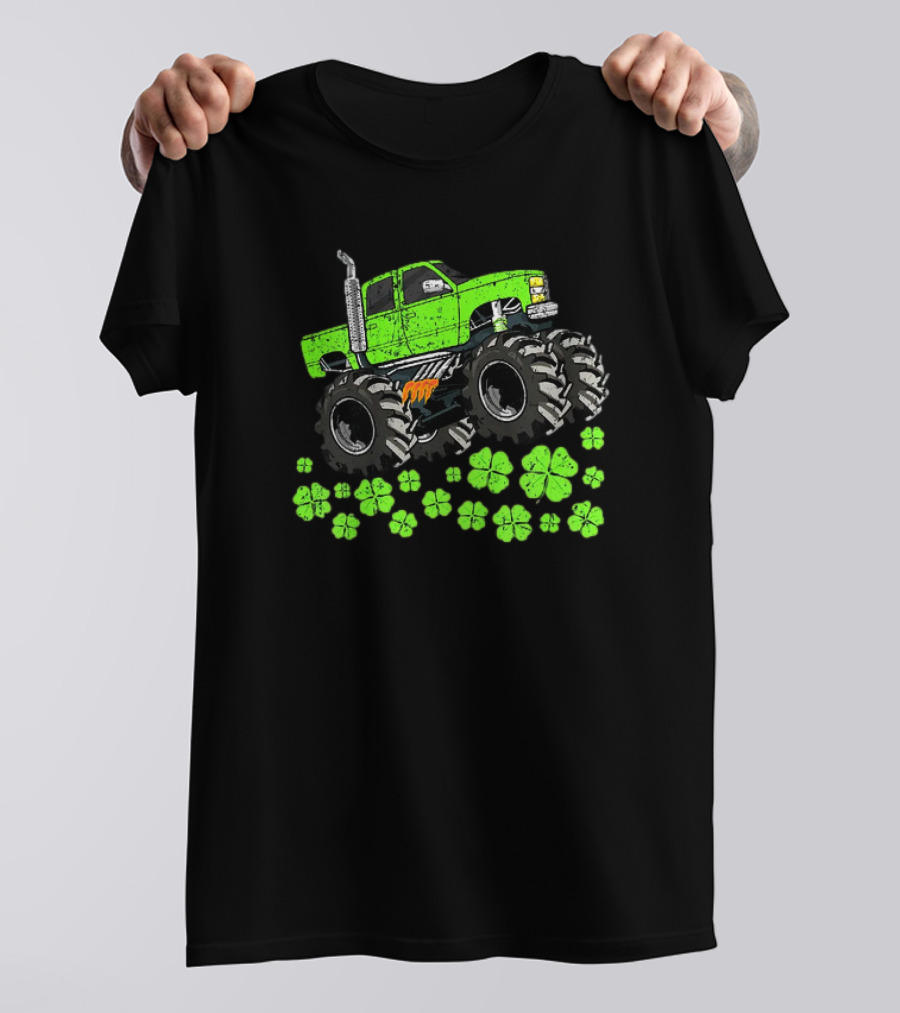 Kids Boys St Patricks Day Toddler Lucky Green Monster Truck With Shamrocks T-Shirt