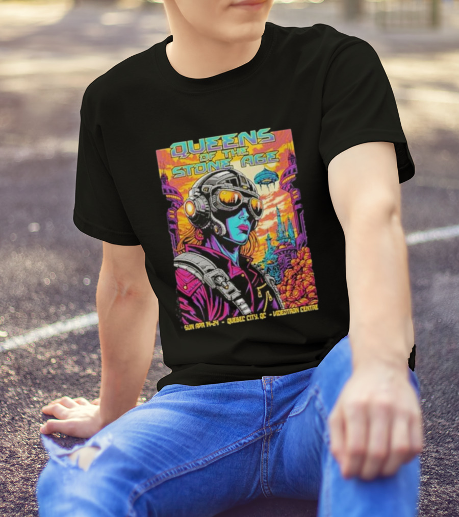 Queens Of The Stone Age Sun Apr 14 2024 Quebec City QC Videotron Centre Psychedelic Sci-Fi T-Shirt