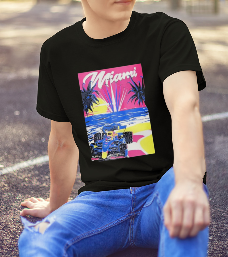 Max Verstappen Formula 1 Miami Sunset Palms Racing Scene T-Shirt