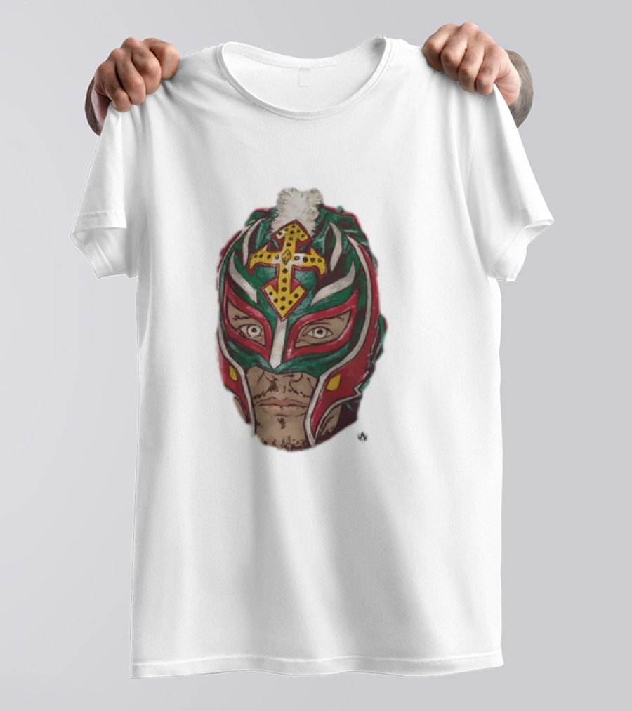 Men's Black Rey Mysterio Mask Face With Colorful Wrestling Headdress And Cross T-Shirt