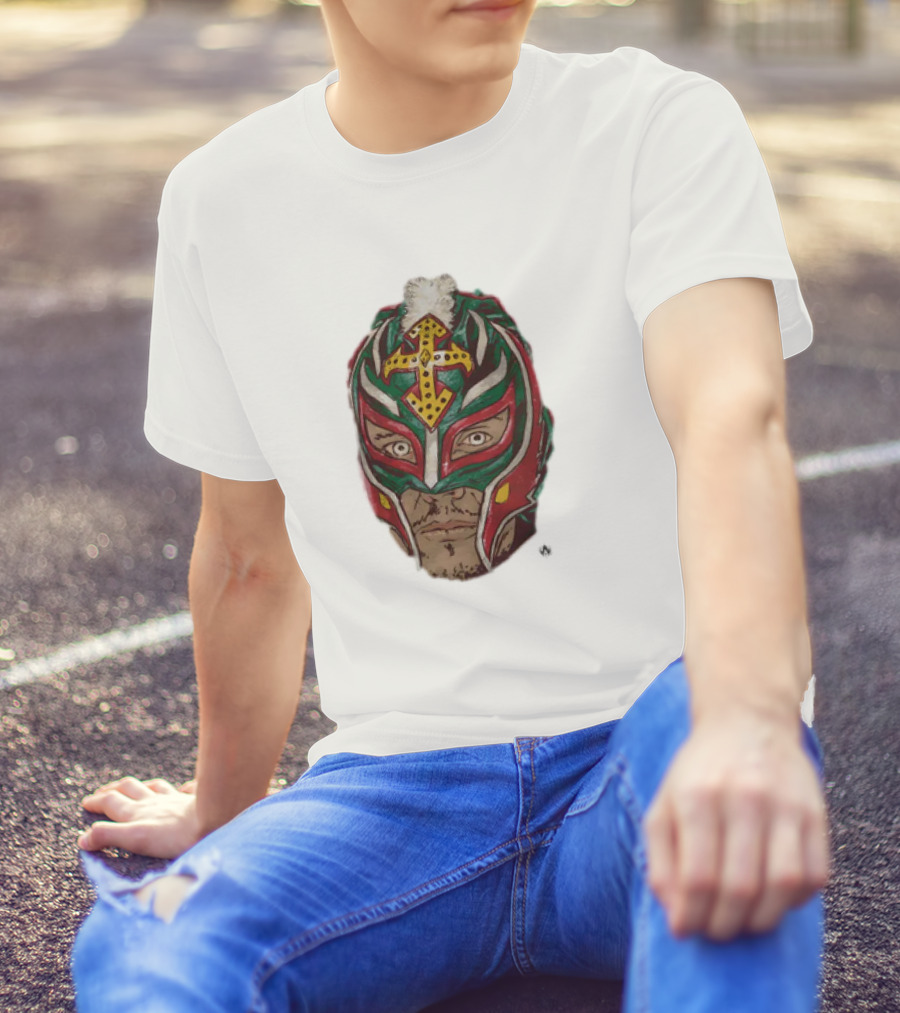 Men's Black Rey Mysterio Mask Face With Colorful Wrestling Headdress And Cross T-Shirt