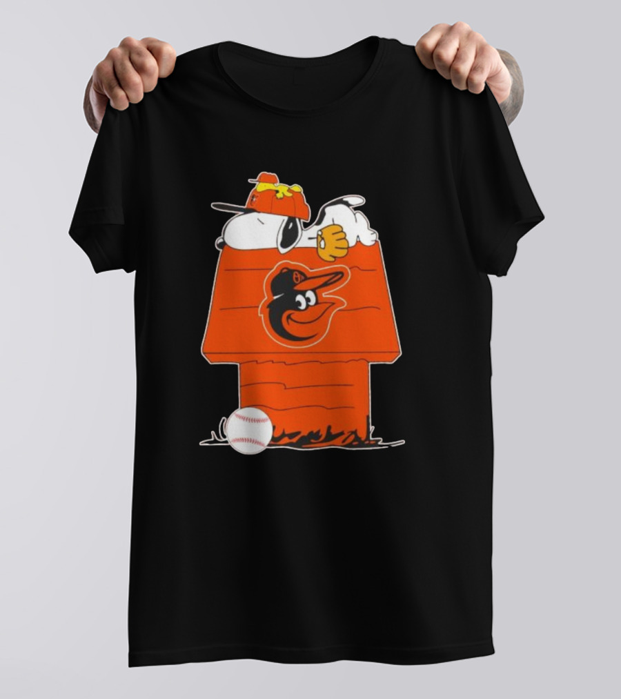 Snoopy And Woodstock Sleeping On Baltimore Orioles Themed Doghouse With Baseball T-Shirt
