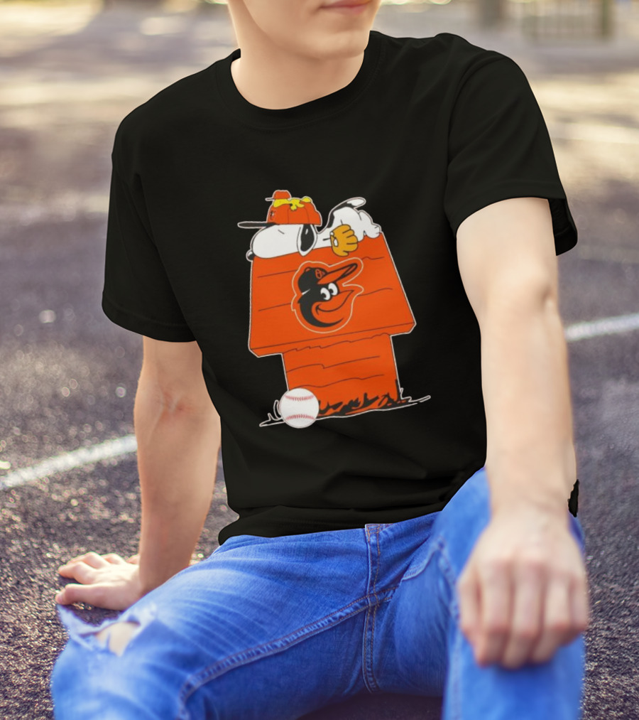 Snoopy And Woodstock Sleeping On Baltimore Orioles Themed Doghouse With Baseball T-Shirt