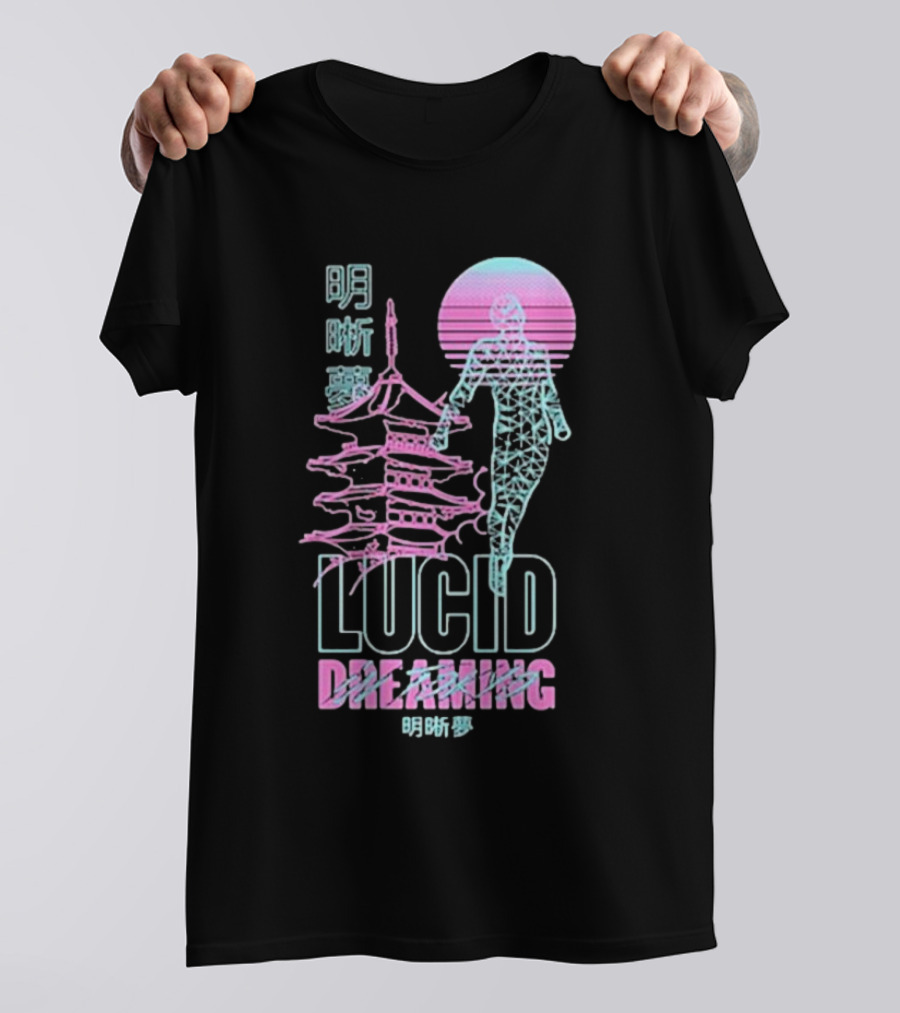 Lucid Dreaming Tokyo Japan Neon Pagoda And Wireframe Figure T-Shirt